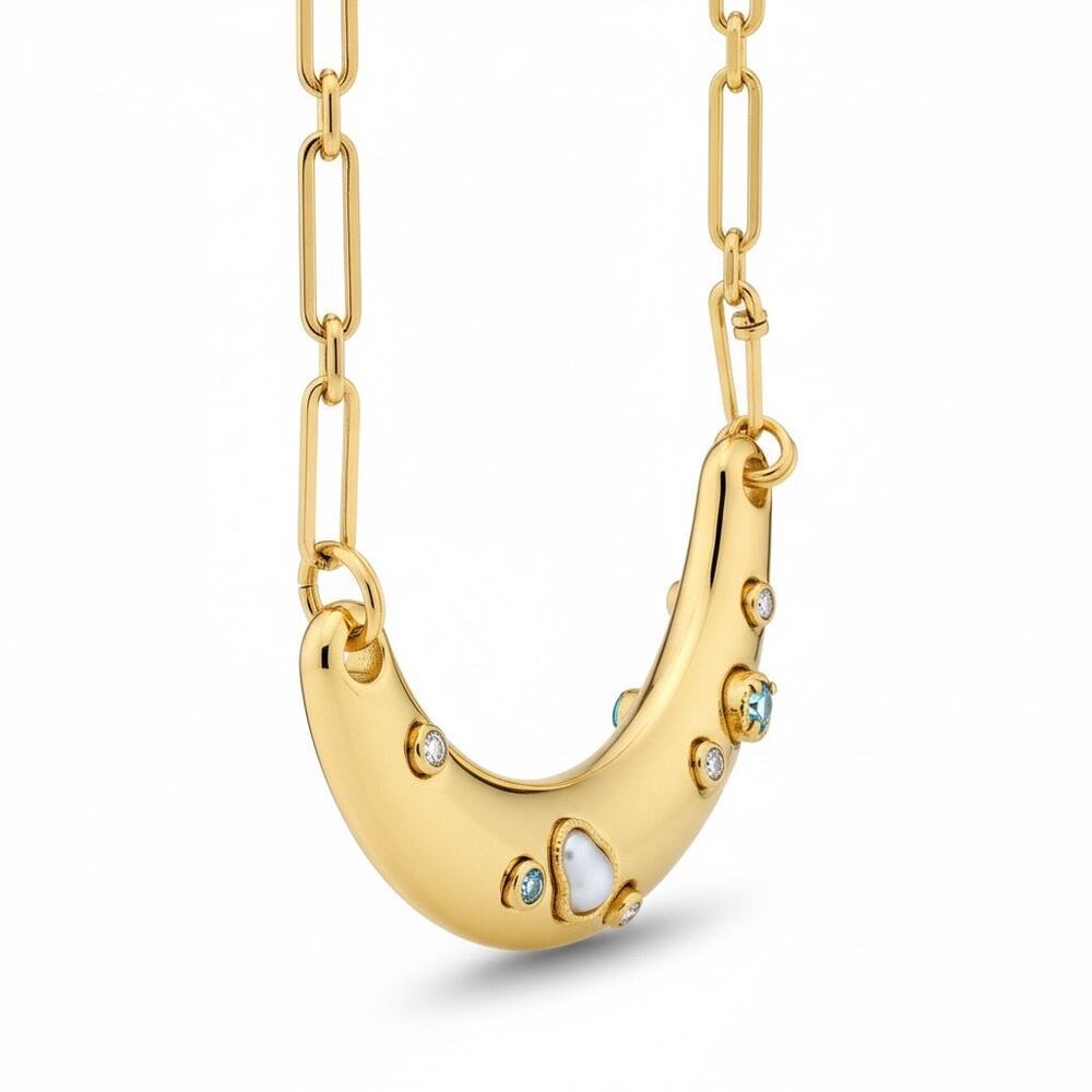 INC Gold Tone Crescent Necklace Blue Crystal Stone Statement Collar NEW - Picture 2 of 4